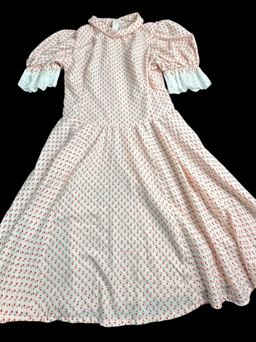 🪡🌸 Handmade Vintage Prairie Floral Puff Sleeve Dress Lace Trim 8887-2 🌸🪡